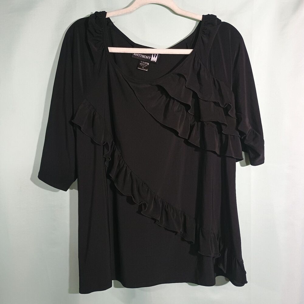 Black Ruffle Blouse Plus Size Flowy Top 3/4 Sleeve Dressy Stretch